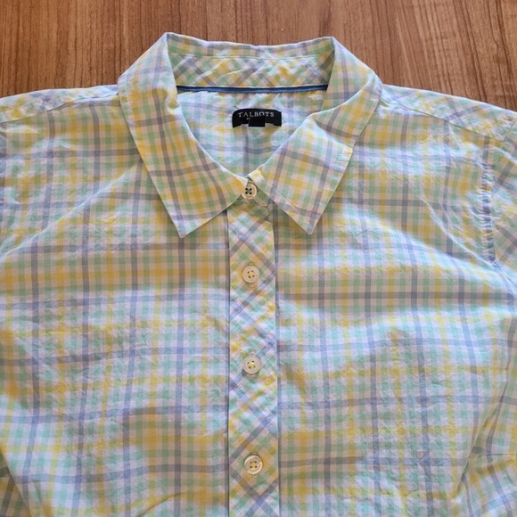 Talbots Top Shirt Womens 1X Petite Blue Yellow Plaid Button Down Casual Career - Picture 3 of 11
